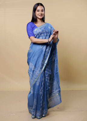 Blue Chanderi Cotton Saree With Blouse Piece