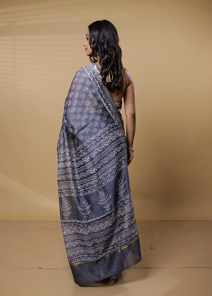 Grey Chanderi Cotton Saree With Blouse Piece