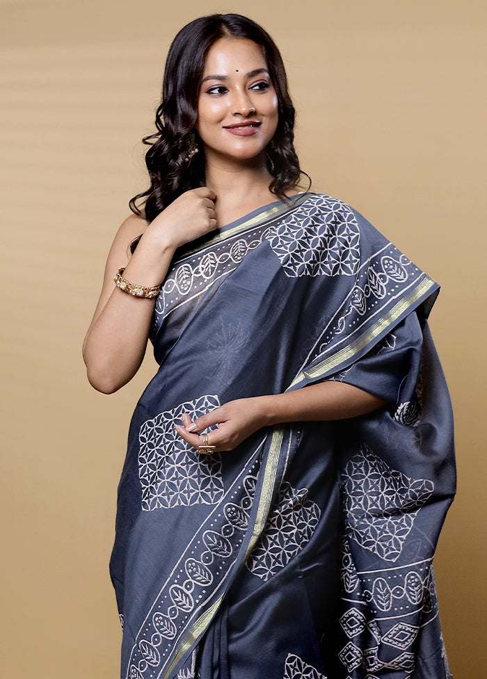 Grey Chanderi Cotton Saree With Blouse Piece