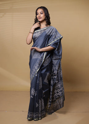 Grey Chanderi Cotton Saree With Blouse Piece