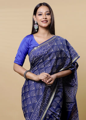 Blue Chanderi Cotton Saree With Blouse Piece