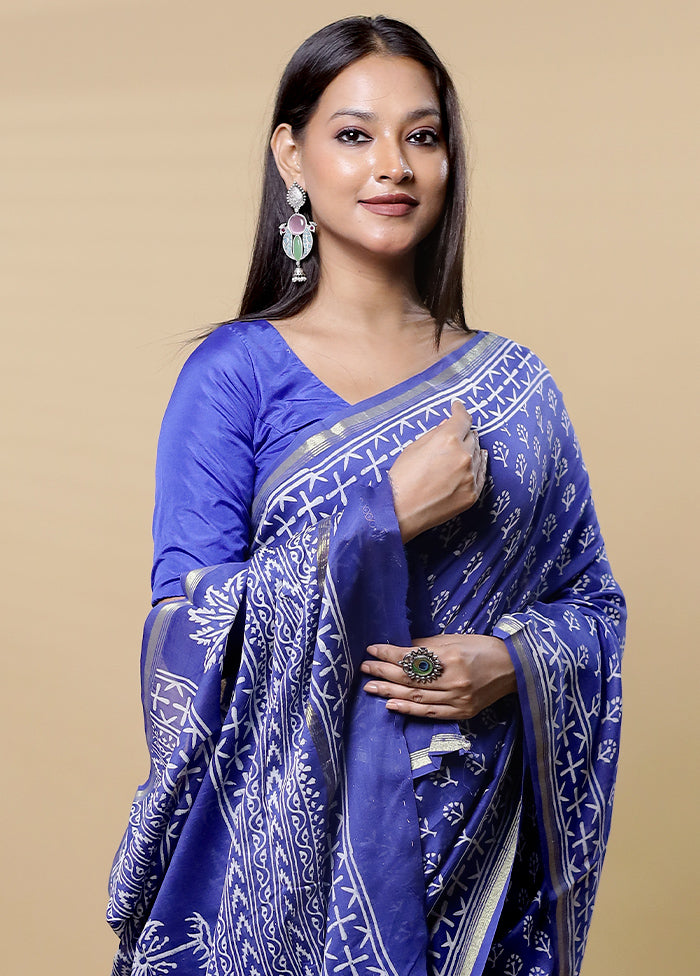 Blue Chanderi Cotton Saree With Blouse Piece