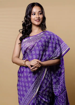 Purple Chanderi Cotton Saree With Blouse Piece