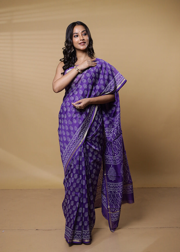 Purple Chanderi Cotton Saree With Blouse Piece