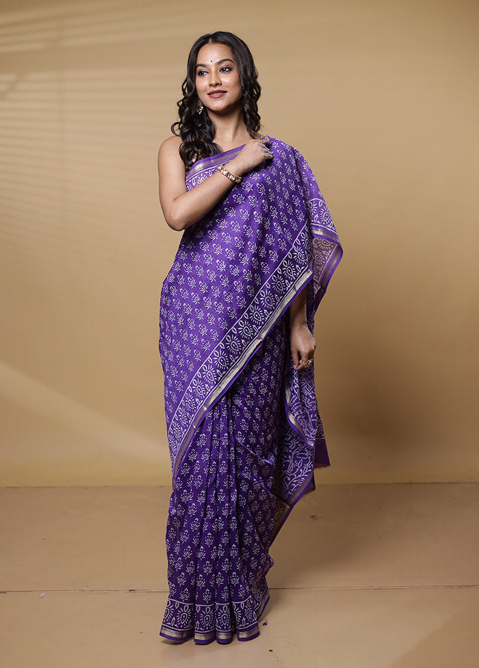 Purple Chanderi Cotton Saree With Blouse Piece