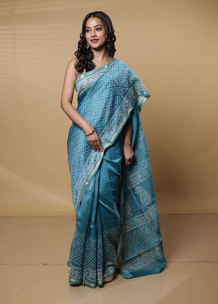 Green Chanderi Cotton Saree With Blouse Piece