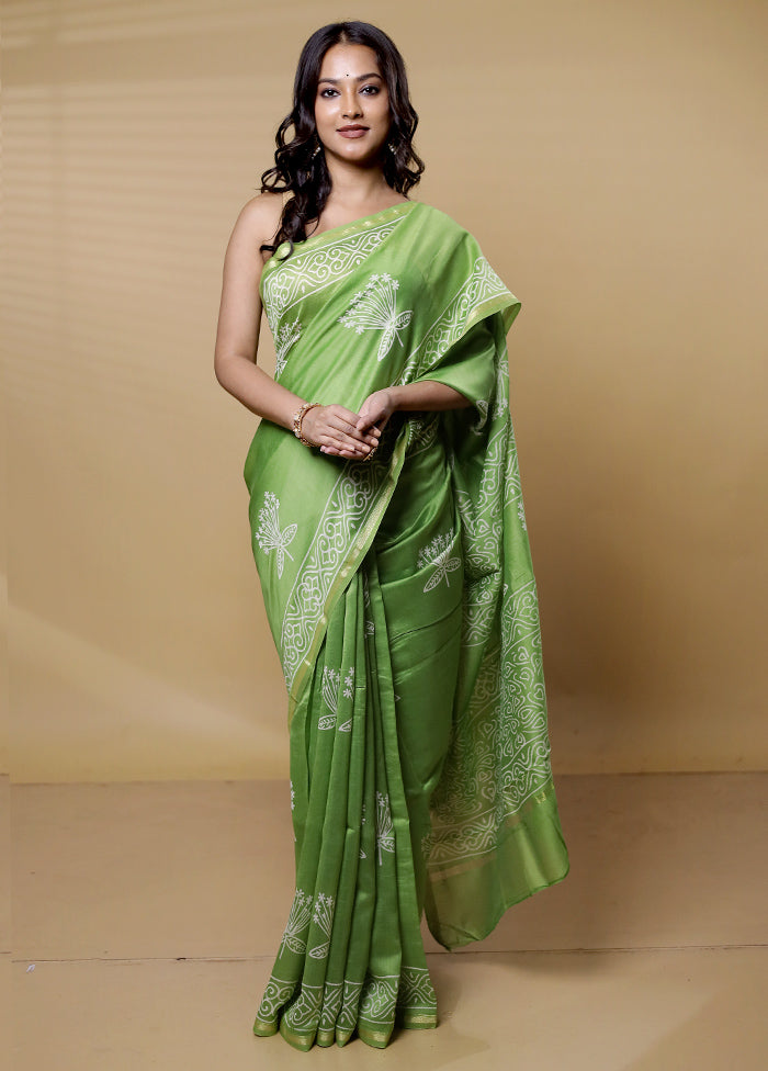 Green Chanderi Cotton Saree With Blouse Piece