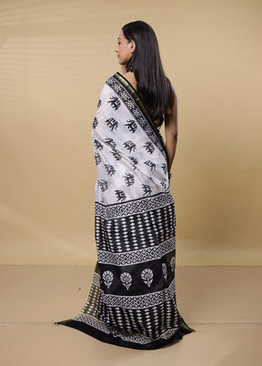 White Chanderi Cotton Saree With Blouse Piece