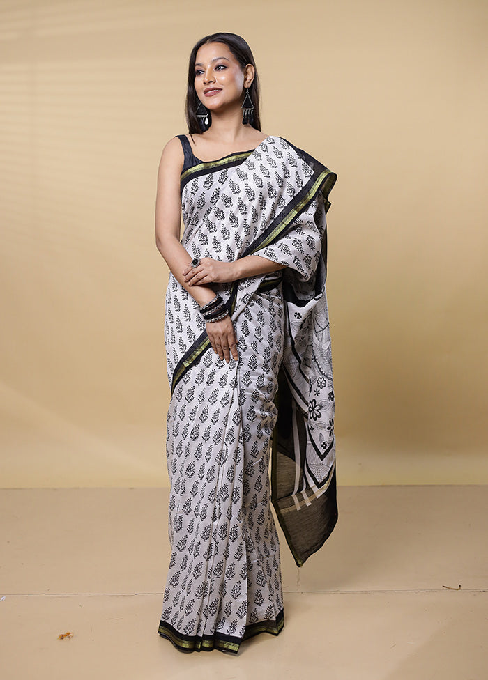 White Chanderi Cotton Saree With Blouse Piece