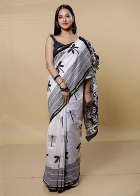 White Chanderi Cotton Saree With Blouse Piece