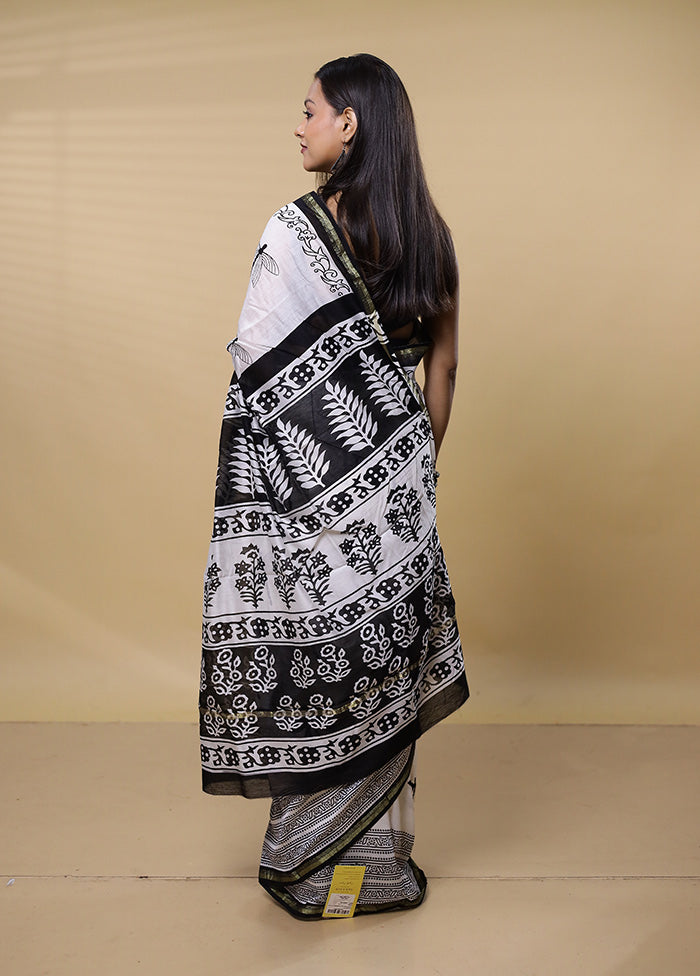 White Chanderi Cotton Saree With Blouse Piece