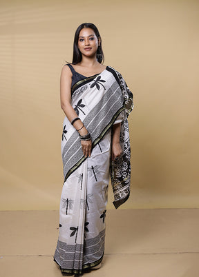 White Chanderi Cotton Saree With Blouse Piece