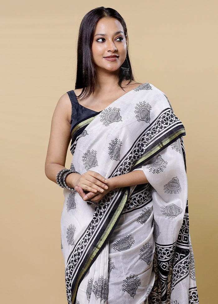 White Chanderi Cotton Saree With Blouse Piece