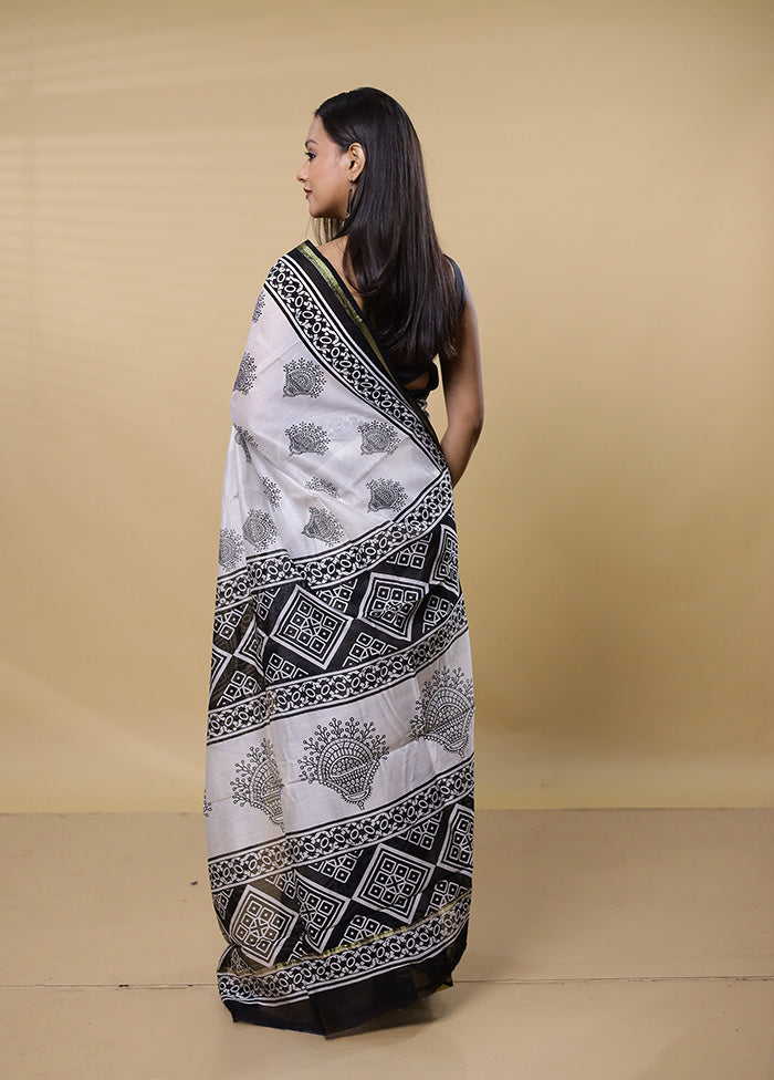 White Chanderi Cotton Saree With Blouse Piece