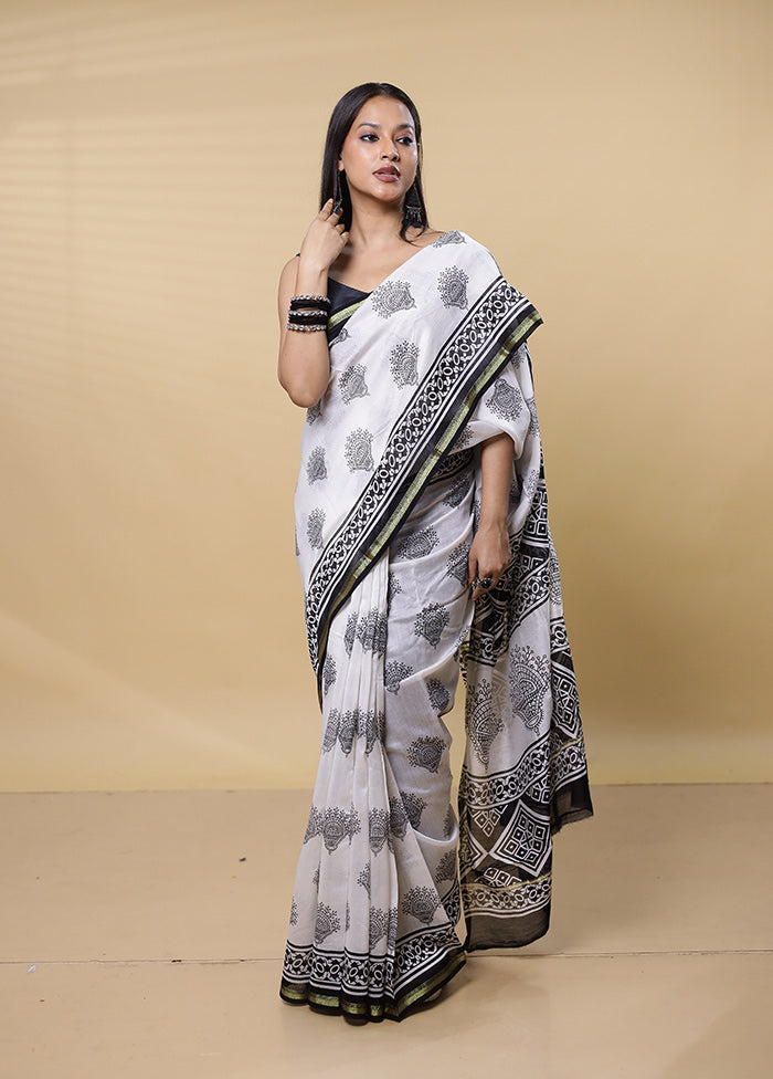 White Chanderi Cotton Saree With Blouse Piece