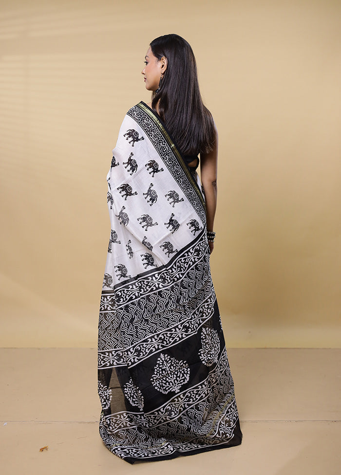 White Chanderi Cotton Saree With Blouse Piece