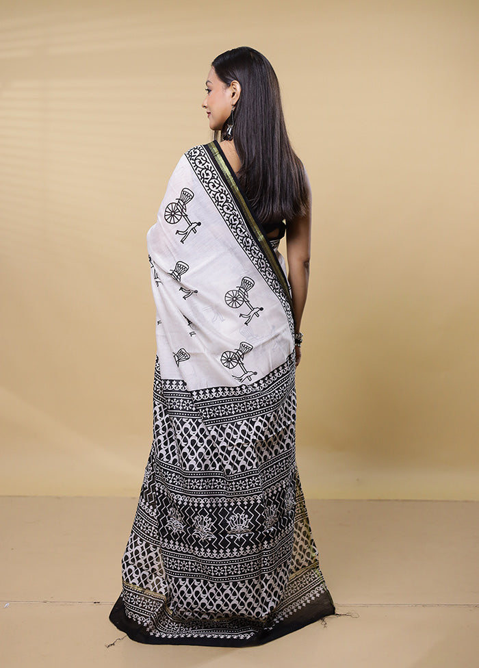 White Chanderi Cotton Saree With Blouse Piece