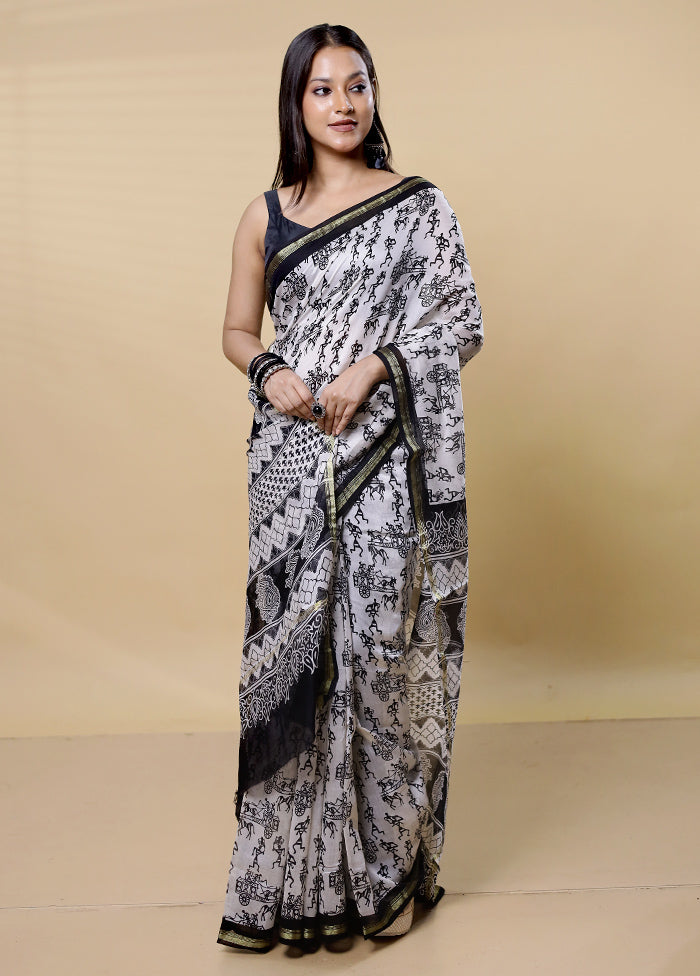 White Chanderi Cotton Saree With Blouse Piece