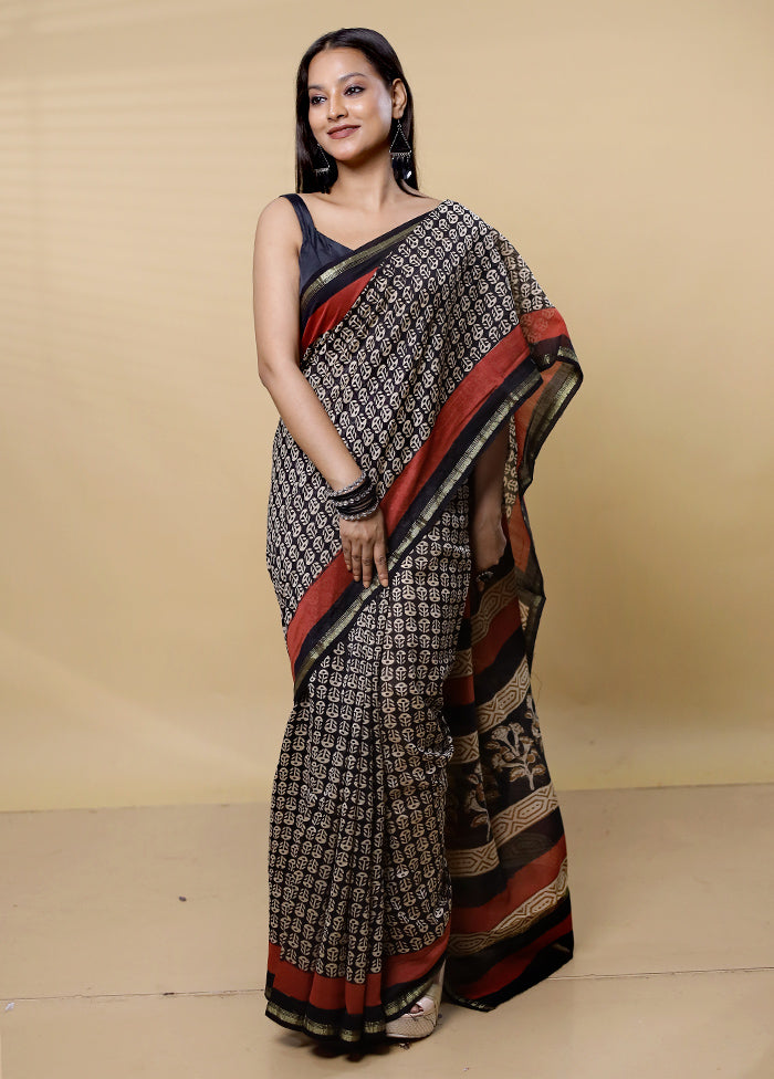 Black Chanderi Cotton Saree With Blouse Piece