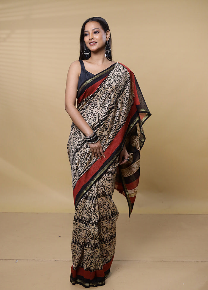 Cream Chanderi Cotton Saree With Blouse Piece