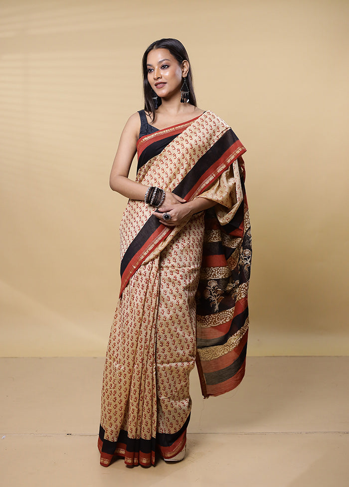 Cream Chanderi Cotton Saree With Blouse Piece