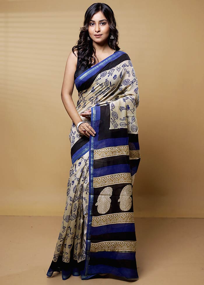 Cream Chanderi Cotton Saree With Blouse Piece