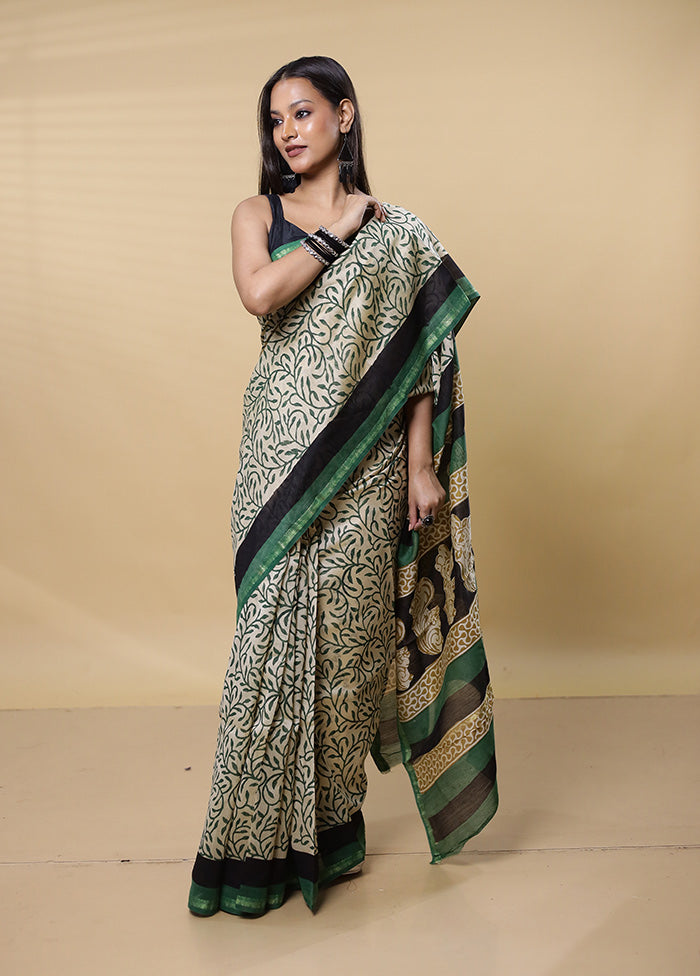 Cream Chanderi Cotton Saree With Blouse Piece