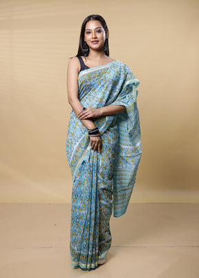 Blue Chanderi Cotton Saree With Blouse Piece