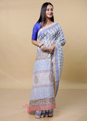 White Chanderi Cotton Saree With Blouse Piece