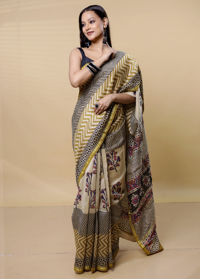 Cream Chanderi Cotton Saree With Blouse Piece