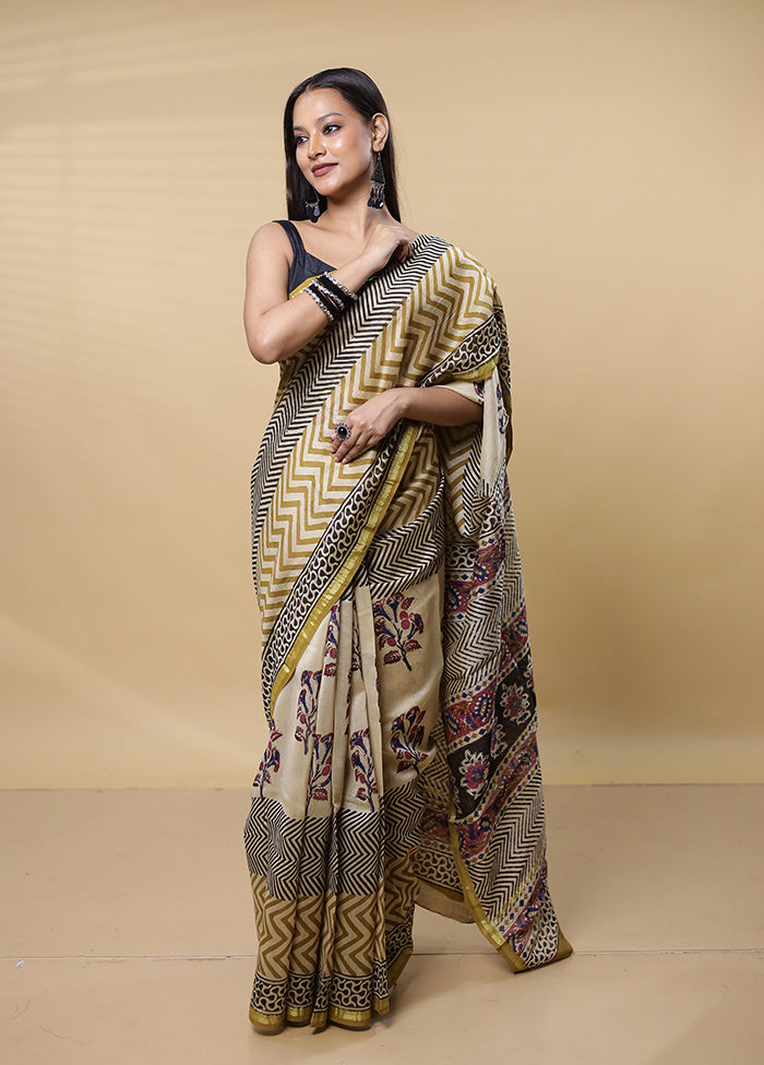 Cream Chanderi Cotton Saree With Blouse Piece