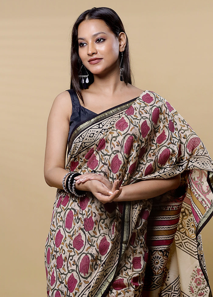 Cream Chanderi Cotton Saree With Blouse Piece