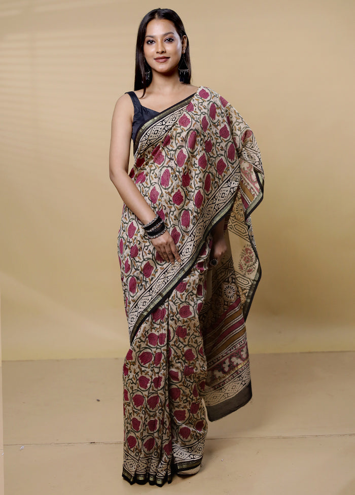 Cream Chanderi Cotton Saree With Blouse Piece