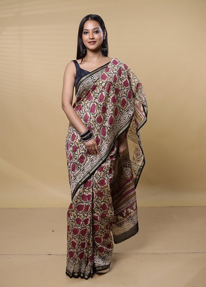 Cream Chanderi Cotton Saree With Blouse Piece