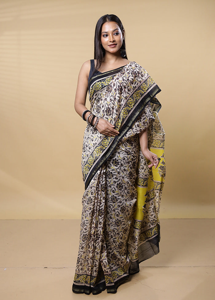 Cream Chanderi Cotton Saree With Blouse Piece