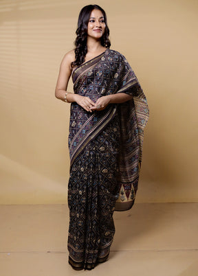 Black Chanderi Cotton Saree With Blouse Piece