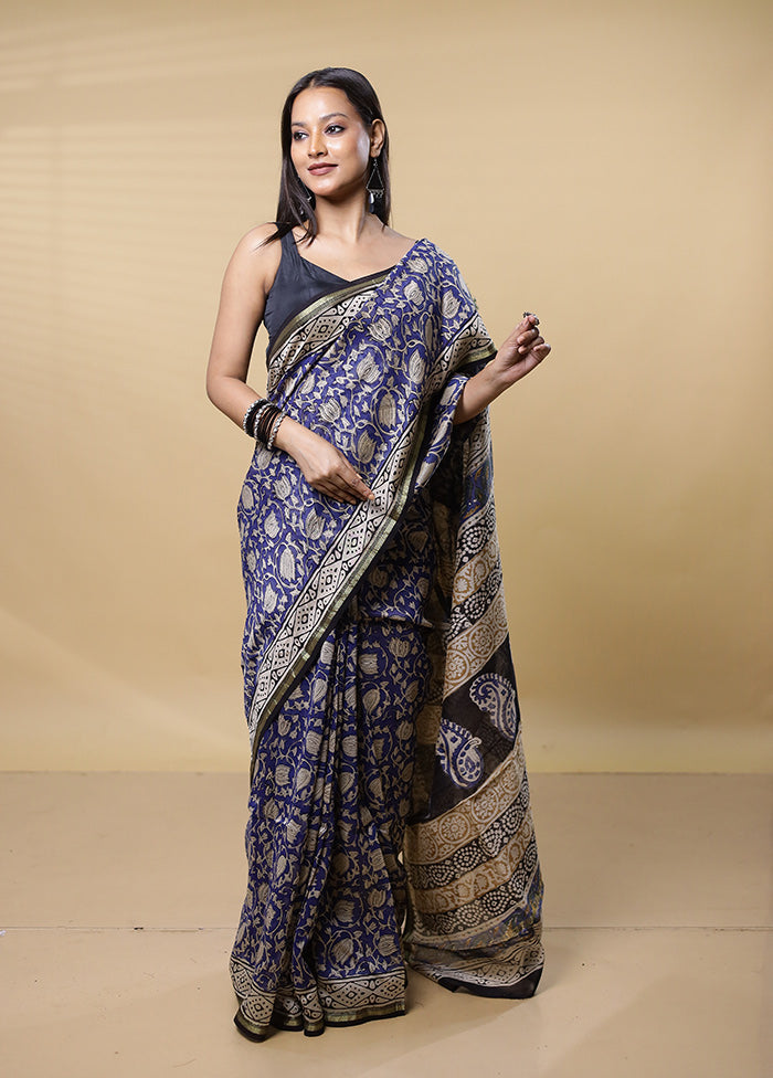 Blue Chanderi Cotton Saree With Blouse Piece