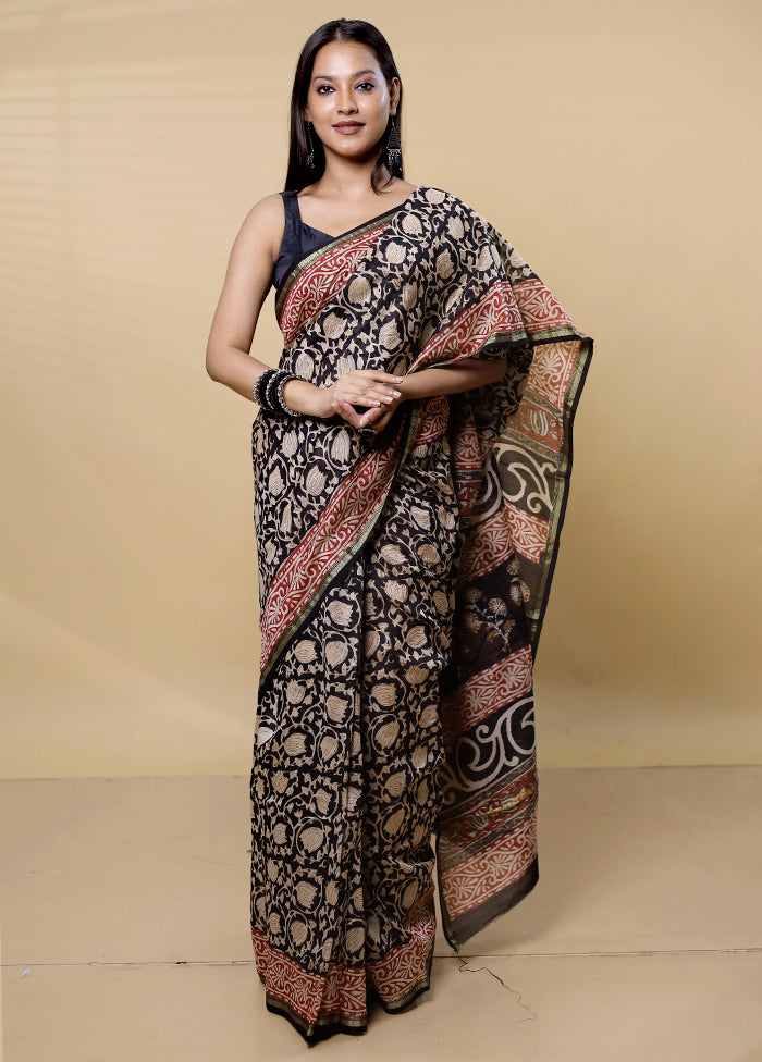 Black Chanderi Cotton Saree With Blouse Piece