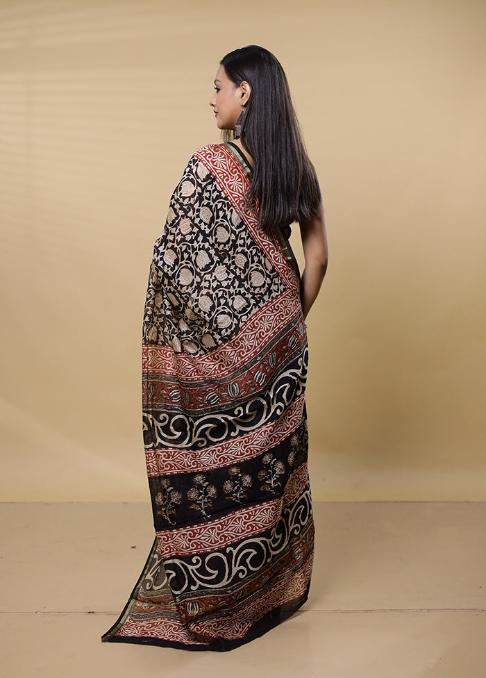 Black Chanderi Cotton Saree With Blouse Piece