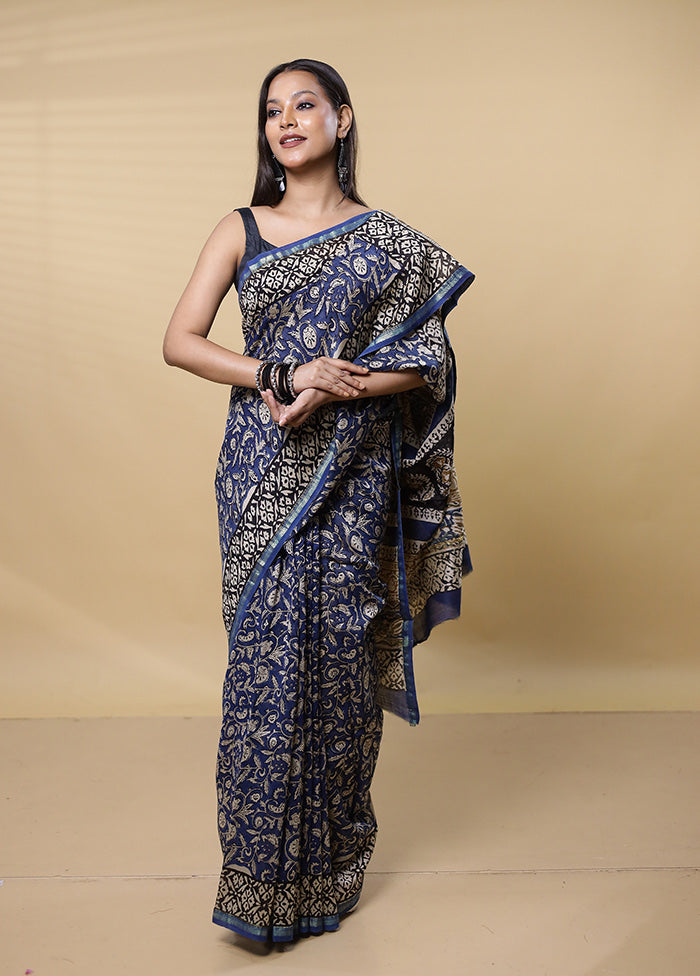 Blue Chanderi Cotton Saree With Blouse Piece