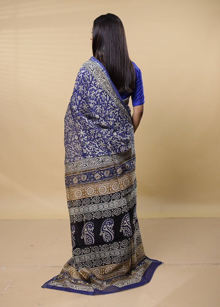 Blue Chanderi Cotton Saree With Blouse Piece