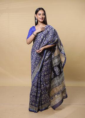 Blue Chanderi Cotton Saree With Blouse Piece