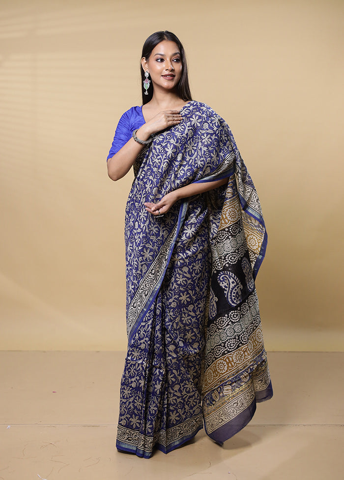 Blue Chanderi Cotton Saree With Blouse Piece