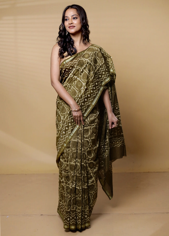 Green Chanderi Cotton Saree With Blouse Piece