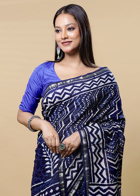 Blue Chanderi Cotton Saree With Blouse Piece