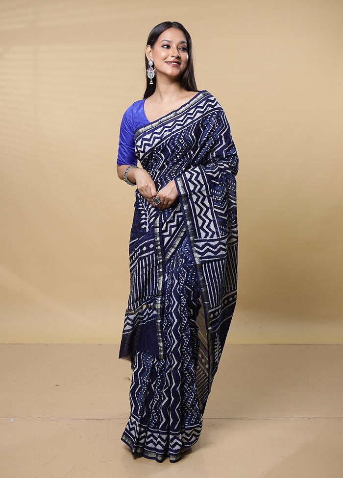 Blue Chanderi Cotton Saree With Blouse Piece