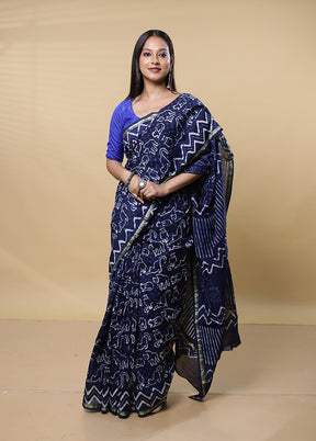 Blue Chanderi Cotton Saree With Blouse Piece