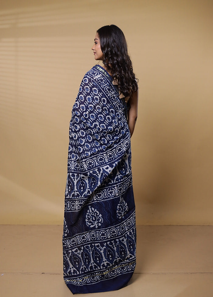 Blue Chanderi Cotton Saree With Blouse Piece