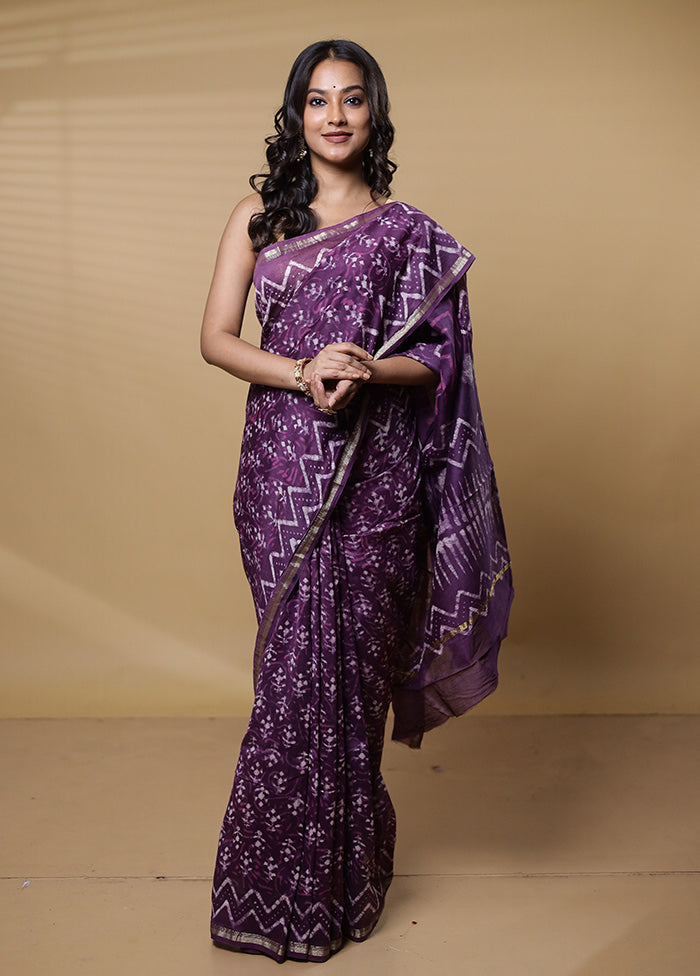 Purple Chanderi Cotton Saree With Blouse Piece