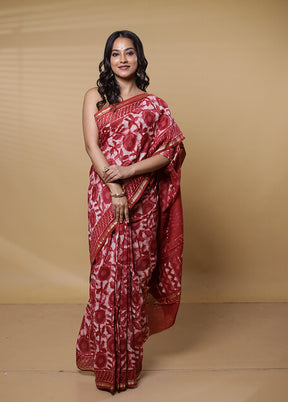 Red Chanderi Cotton Saree With Blouse Piece